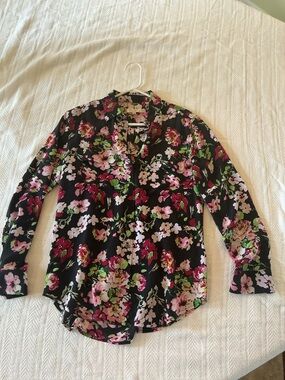Equipment Black Floral Button-Up Blouse with Pink & Green Print